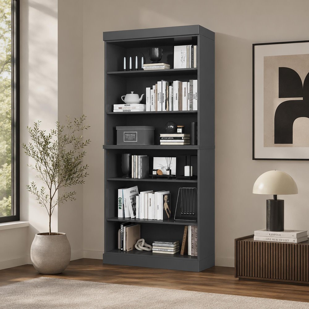 72" Gray Solid Wood Adjustable Six Tier Library Bookcase