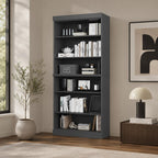 72" Gray Solid Wood Adjustable Six Tier Library Bookcase