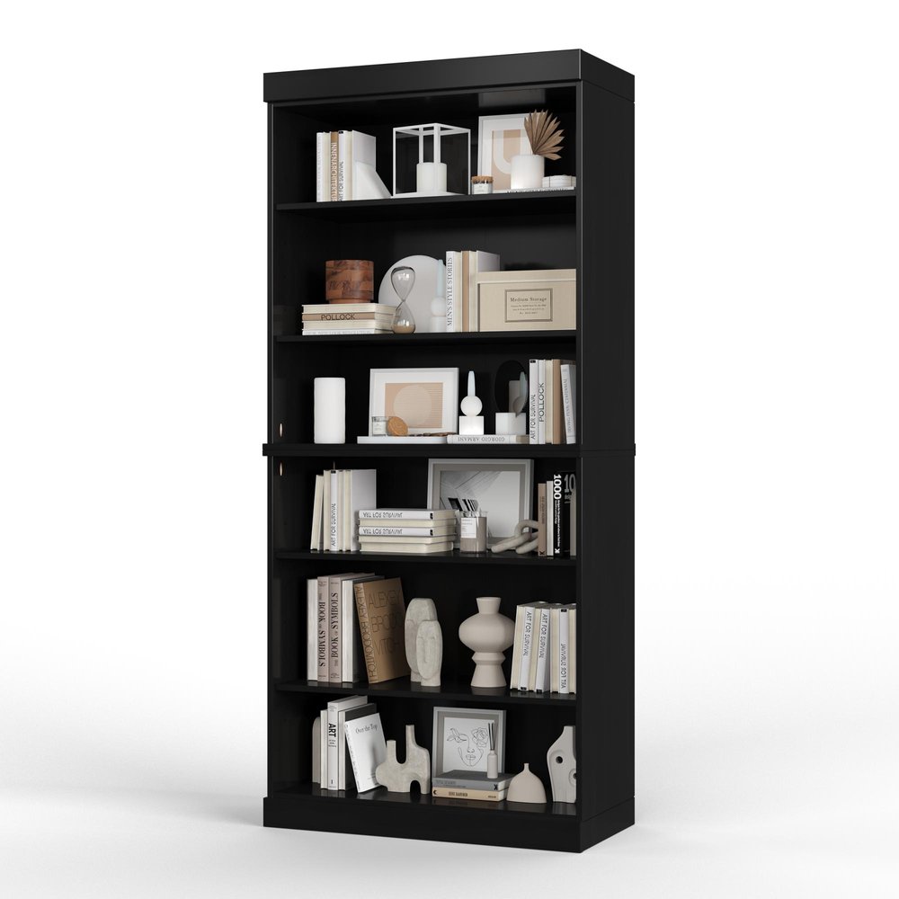 72" Black Solid Wood Adjustable Six Tier Library Bookcase