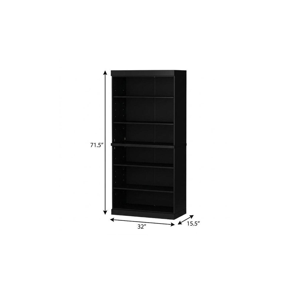 72" Black Solid Wood Adjustable Six Tier Library Bookcase