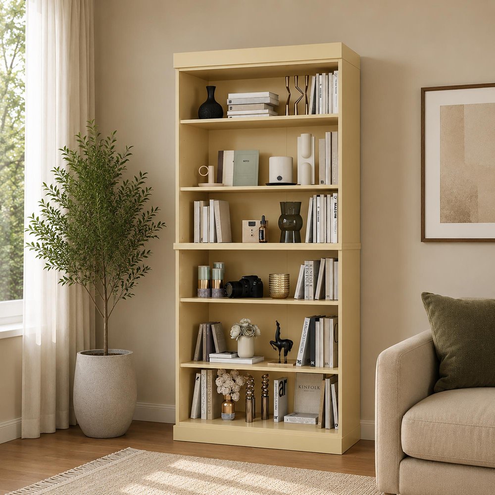72" Yellow Solid Wood Adjustable Six Tier Library Bookcase