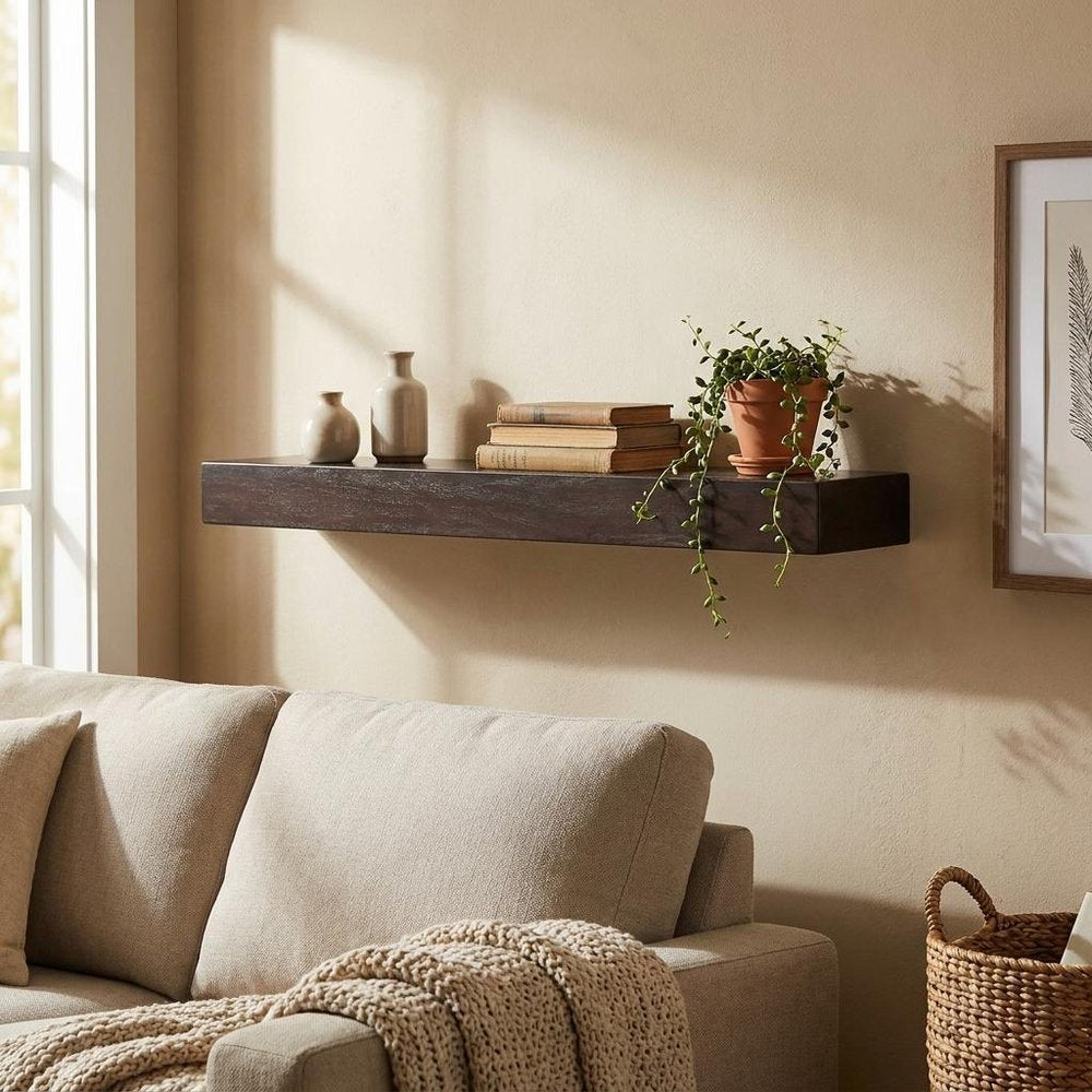 12" Espresso Solid Wood Wall Mounted Floating Shelf