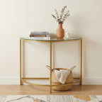 29" Clear and Gold Glass and Iron Half Circle Three Leg Console Table
