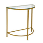 29" Clear and Gold Glass and Iron Half Circle Three Leg Console Table