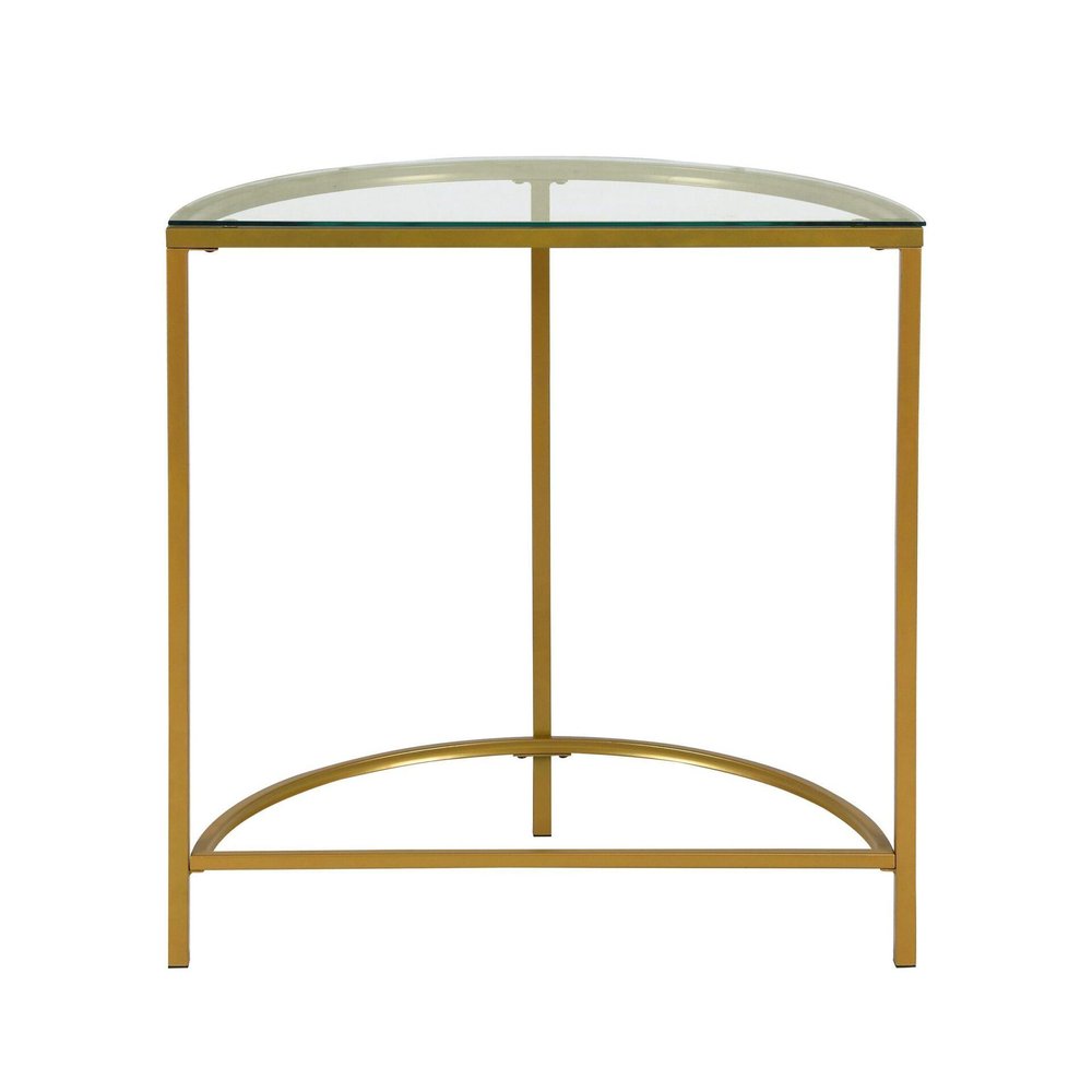 29" Clear and Gold Glass and Iron Half Circle Three Leg Console Table