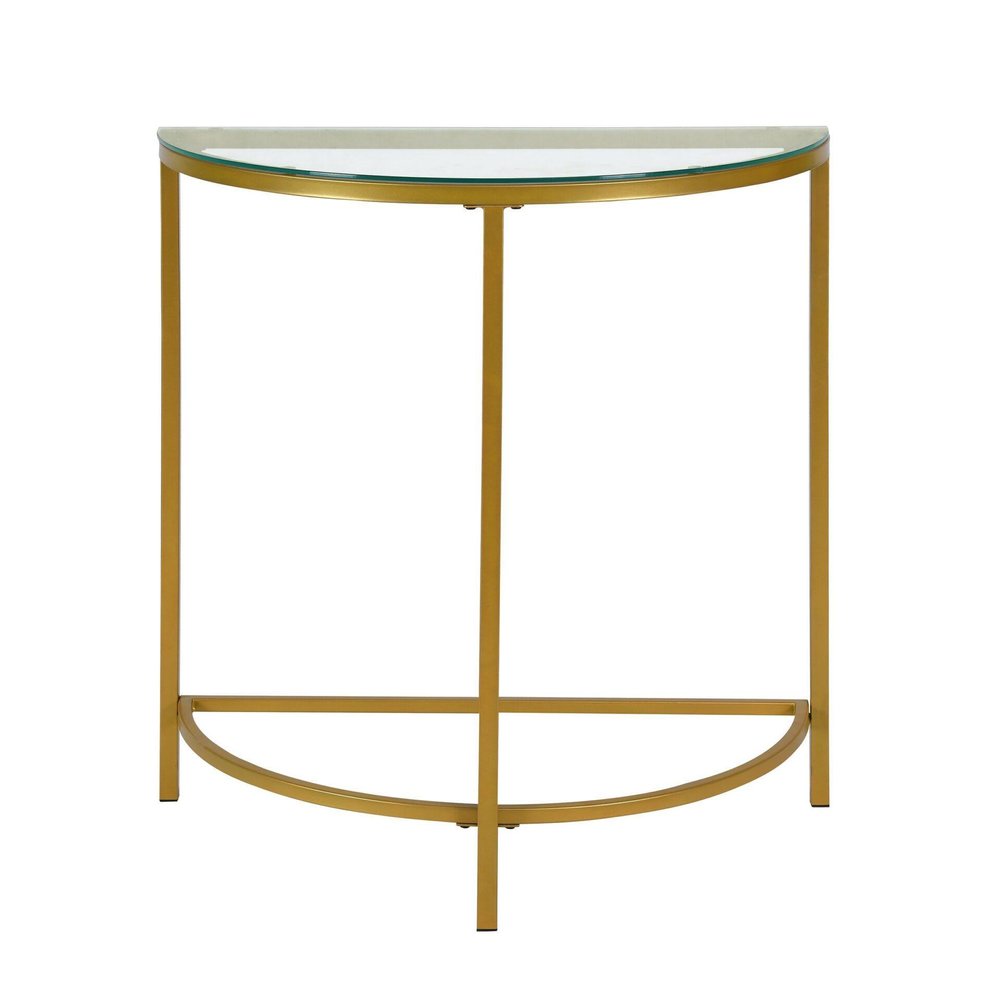 29" Clear and Gold Glass and Iron Half Circle Three Leg Console Table