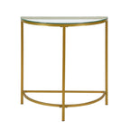 29" Clear and Gold Glass and Iron Half Circle Three Leg Console Table