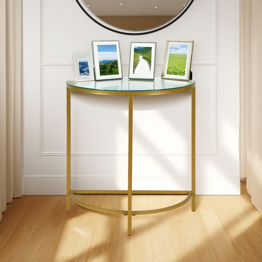 29" Clear and Gold Glass and Iron Half Circle Three Leg Console Table