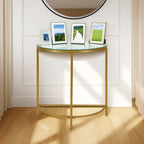 29" Clear and Gold Glass and Iron Half Circle Three Leg Console Table