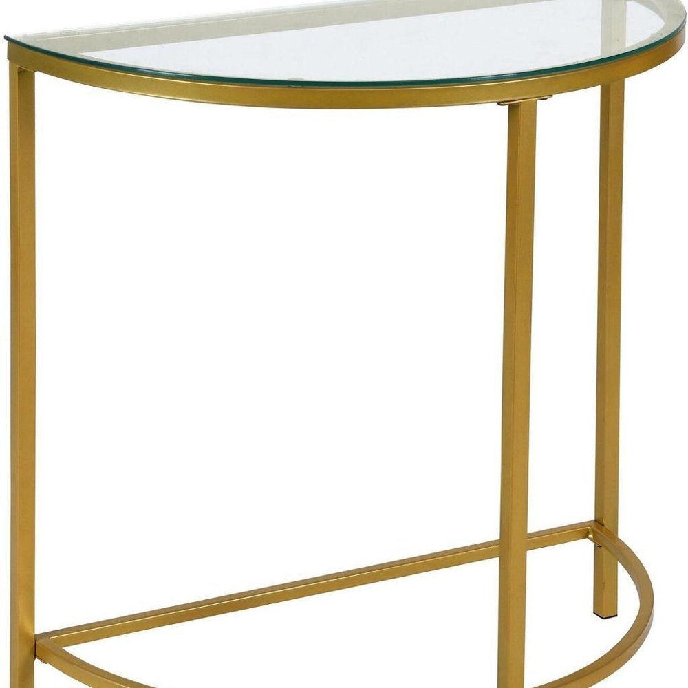 29" Clear and Gold Glass and Iron Half Circle Three Leg Console Table