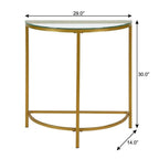 29" Clear and Gold Glass and Iron Half Circle Three Leg Console Table