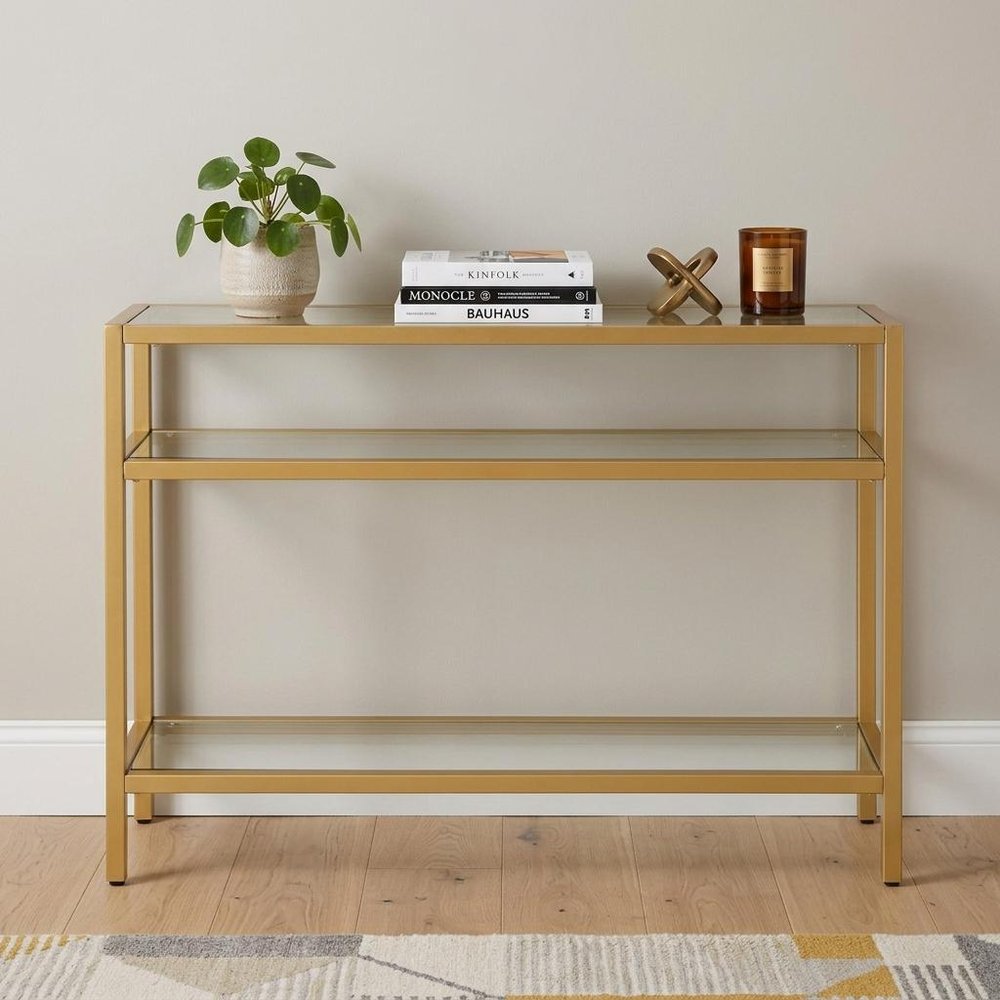 42" Clear and Gold Glass and Iron Console Table With Two Shelves