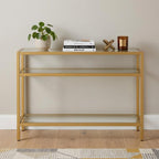 42" Clear and Gold Glass and Iron Console Table With Two Shelves