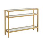 42" Clear and Gold Glass and Iron Console Table With Two Shelves