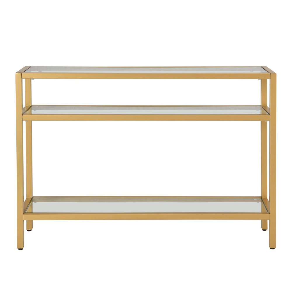 42" Clear and Gold Glass and Iron Console Table With Two Shelves