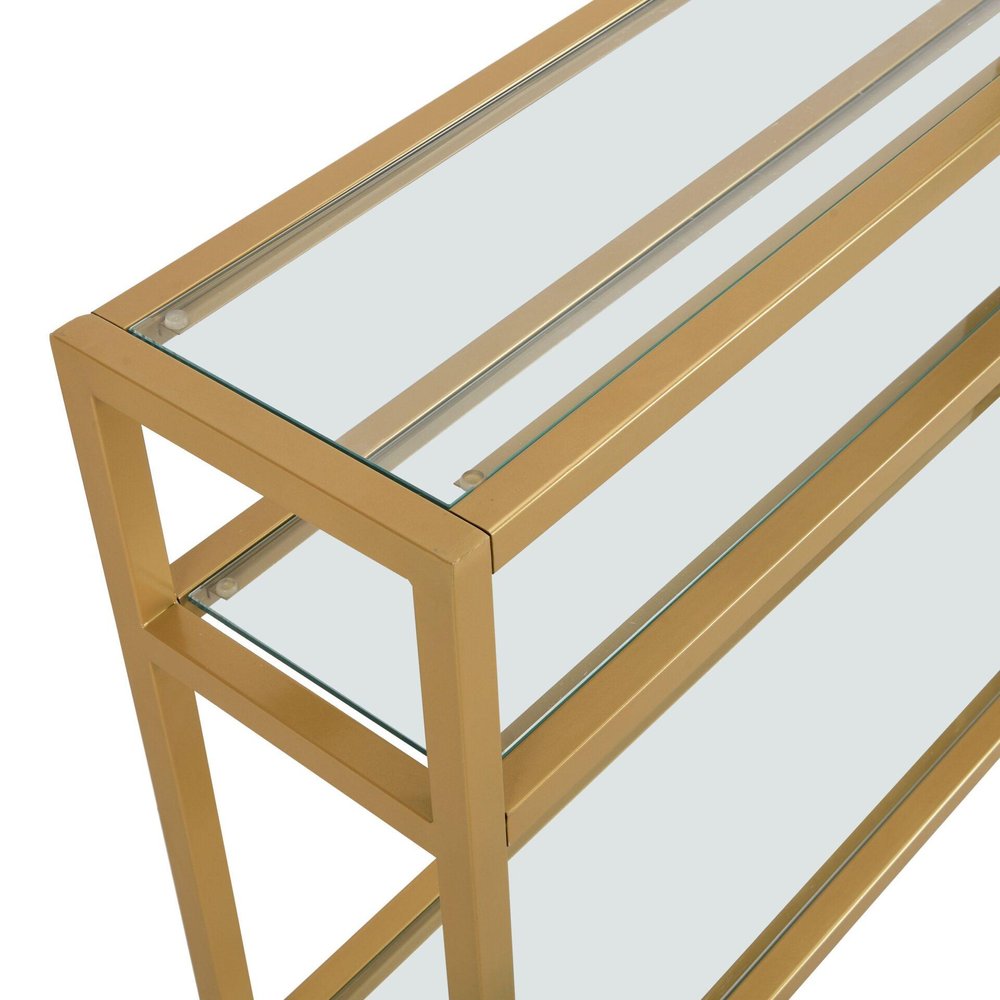 42" Clear and Gold Glass and Iron Console Table With Two Shelves