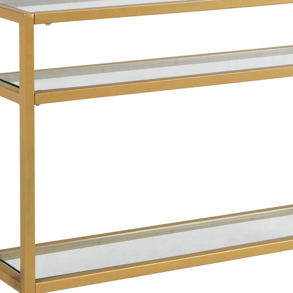 42" Clear and Gold Glass and Iron Console Table With Two Shelves