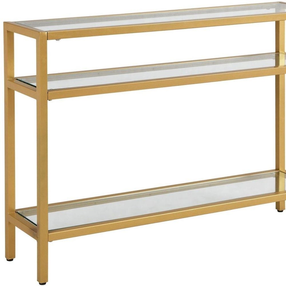 42" Clear and Gold Glass and Iron Console Table With Two Shelves