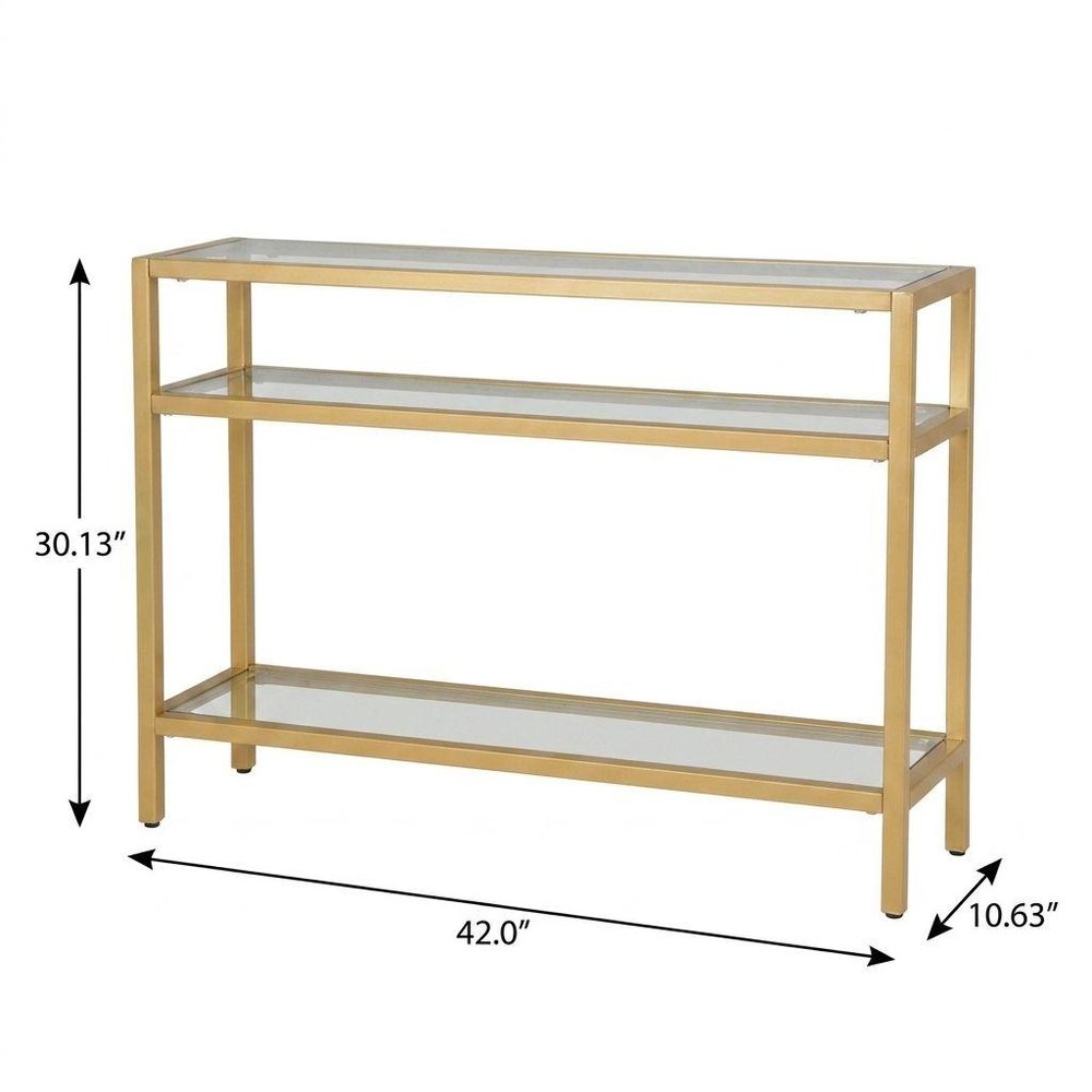 42" Clear and Gold Glass and Iron Console Table With Two Shelves