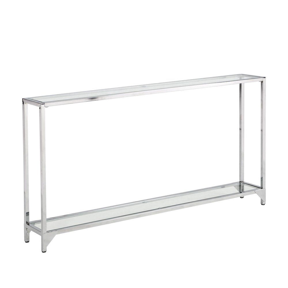 56" Clear and Silver Glass and Iron Frame Console Table With Shelf