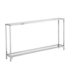 56" Clear and Silver Glass and Iron Frame Console Table With Shelf