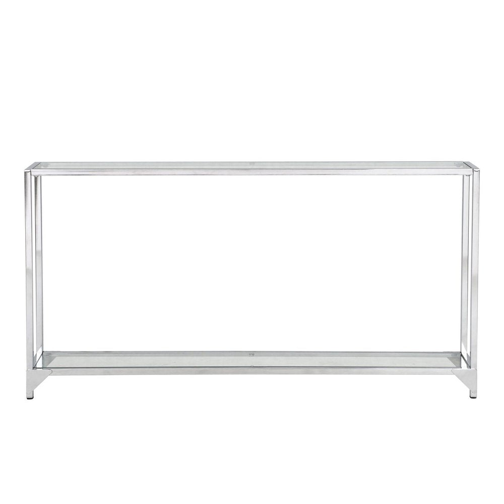 56" Clear and Silver Glass and Iron Frame Console Table With Shelf