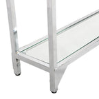 56" Clear and Silver Glass and Iron Frame Console Table With Shelf