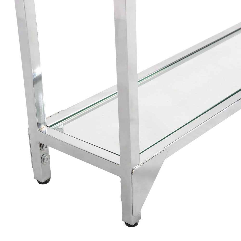 56" Clear and Silver Glass and Iron Frame Console Table With Shelf