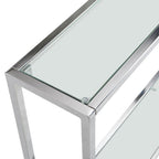 56" Clear and Silver Glass and Iron Frame Console Table With Shelf