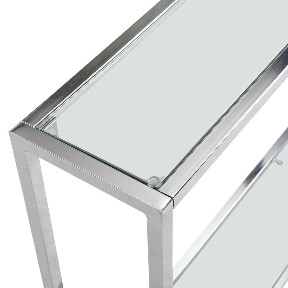 56" Clear and Silver Glass and Iron Frame Console Table With Shelf