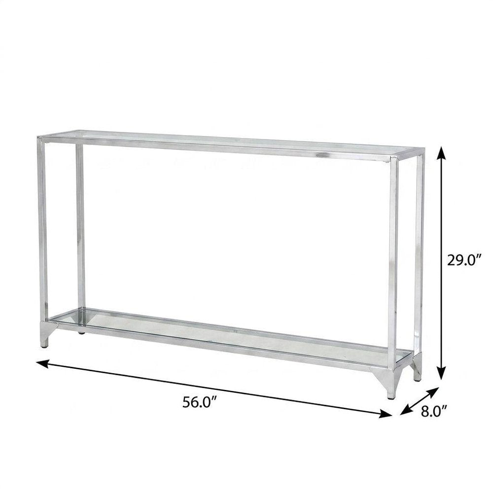56" Clear and Silver Glass and Iron Frame Console Table With Shelf