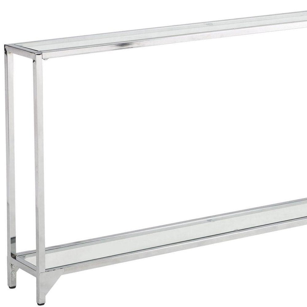56" Clear and Silver Glass and Iron Frame Console Table With Shelf