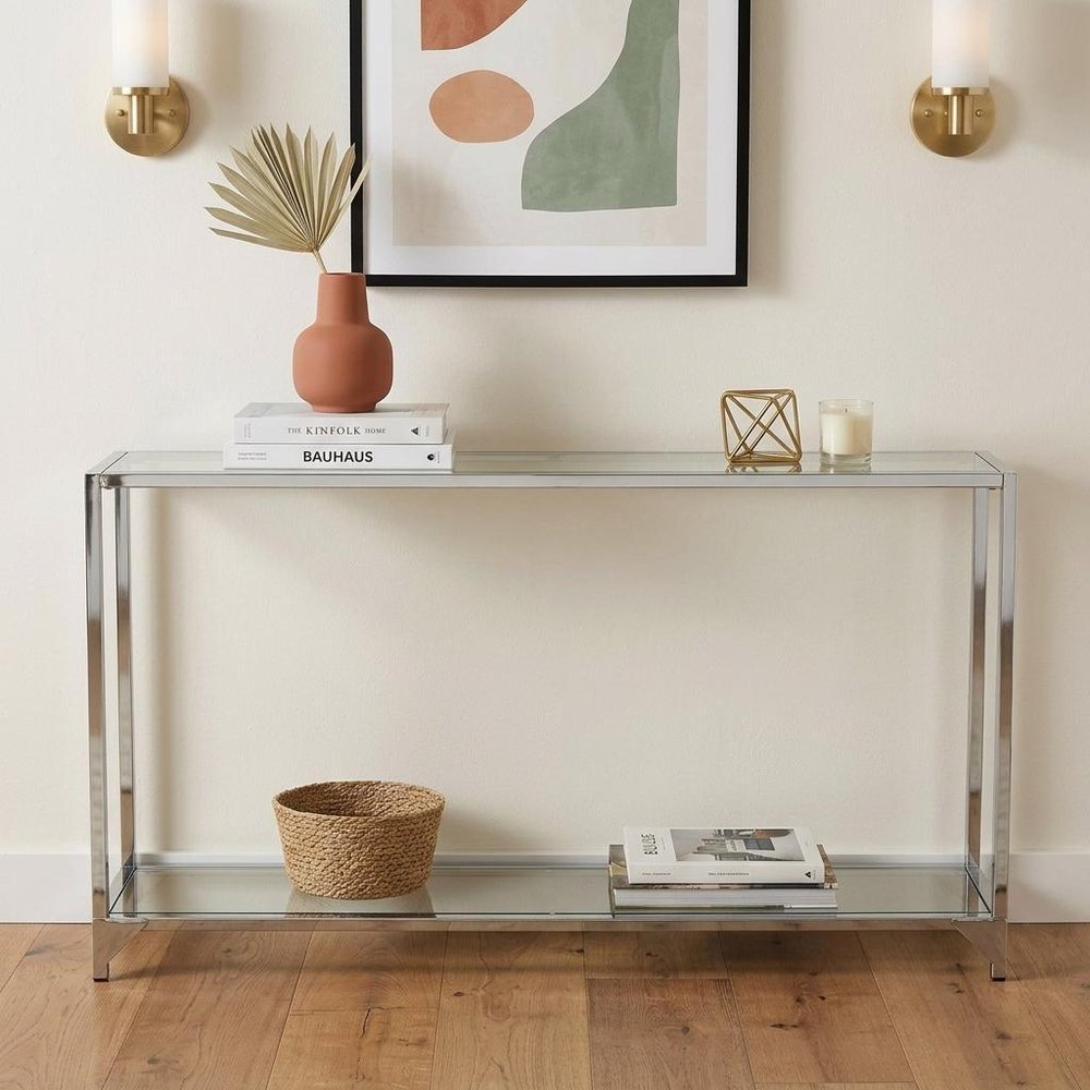 56" Clear and Silver Glass and Iron Frame Console Table With Shelf