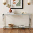 56" Clear and Silver Glass and Iron Frame Console Table With Shelf