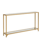 56" Clear and Gold Glass and Iron Console Table With Shelf