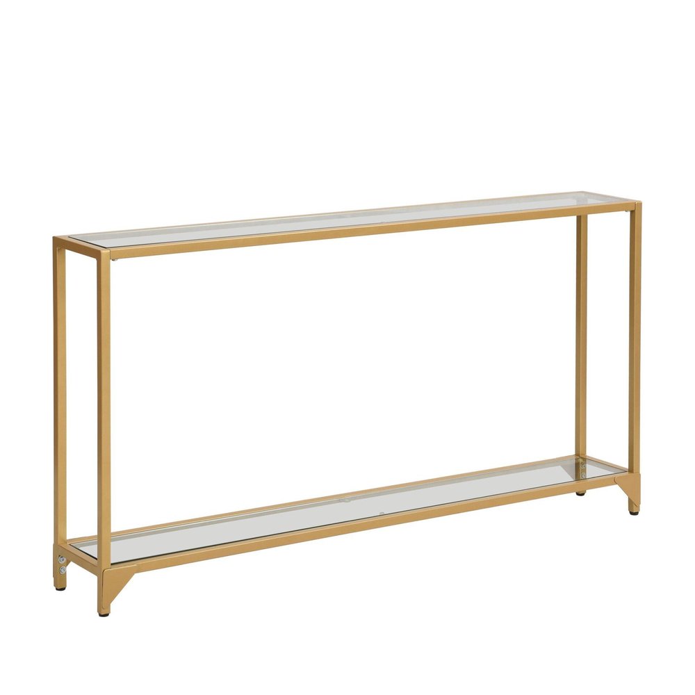 56" Clear and Gold Glass and Iron Console Table With Shelf