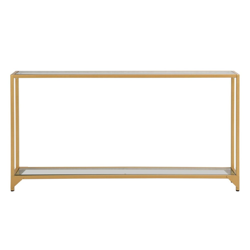56" Clear and Gold Glass and Iron Console Table With Shelf
