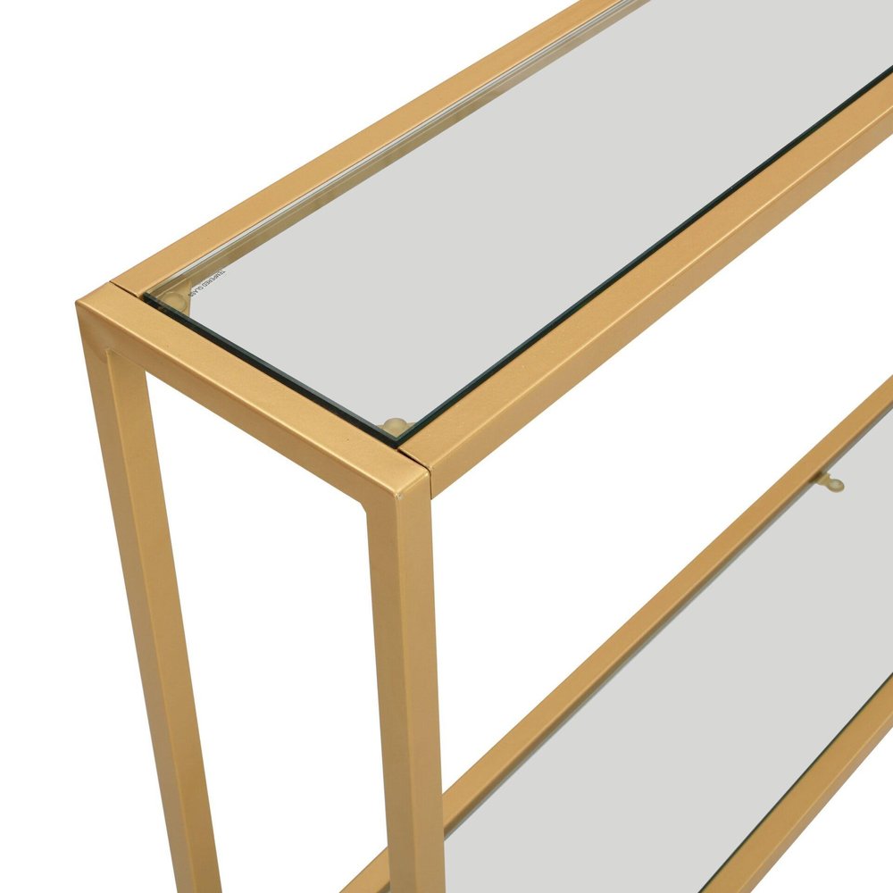 56" Clear and Gold Glass and Iron Console Table With Shelf