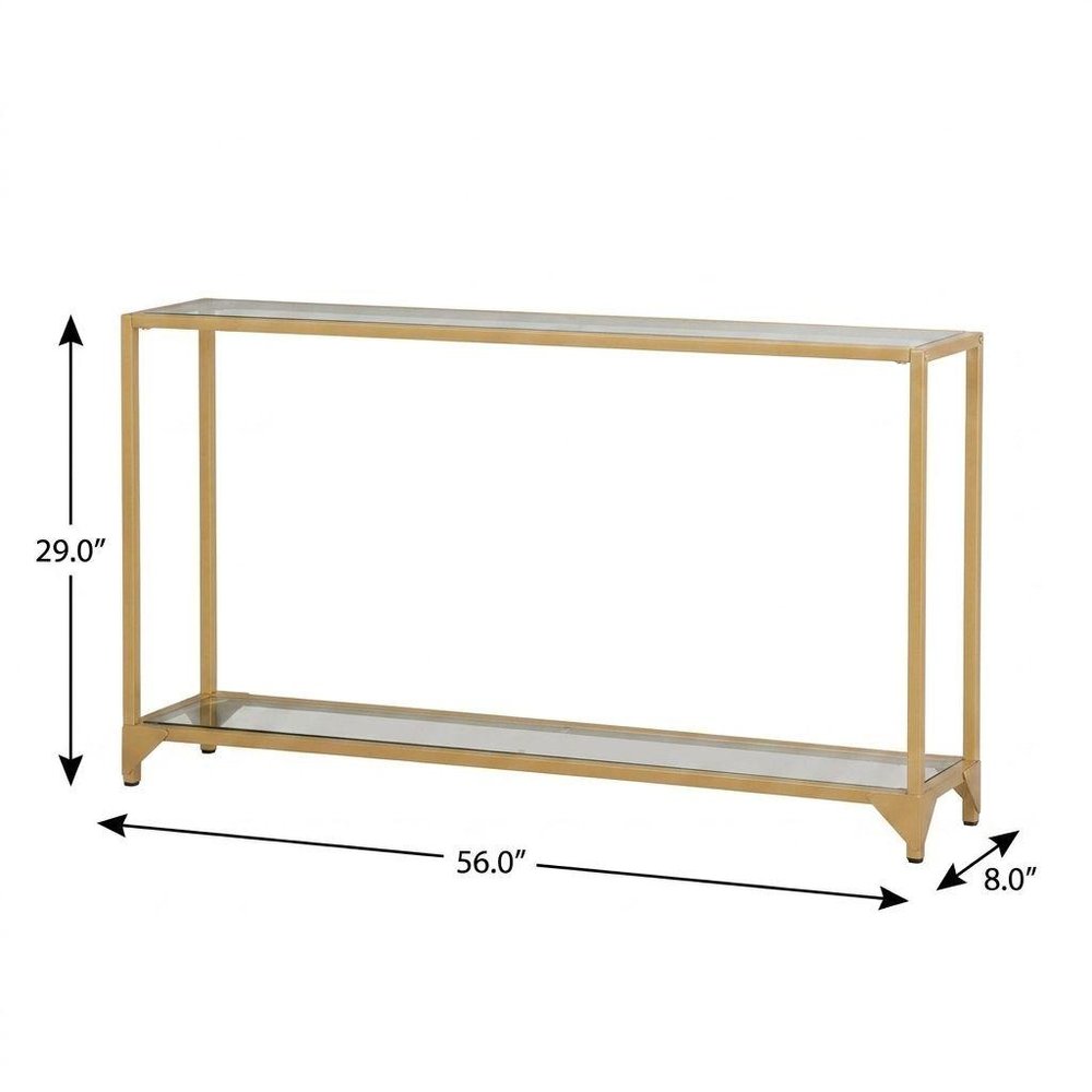 56" Clear and Gold Glass and Iron Console Table With Shelf