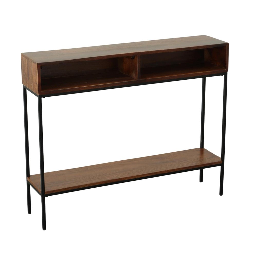 42" Chestnut and Black Solid Wood and Iron Console Table With Shelf
