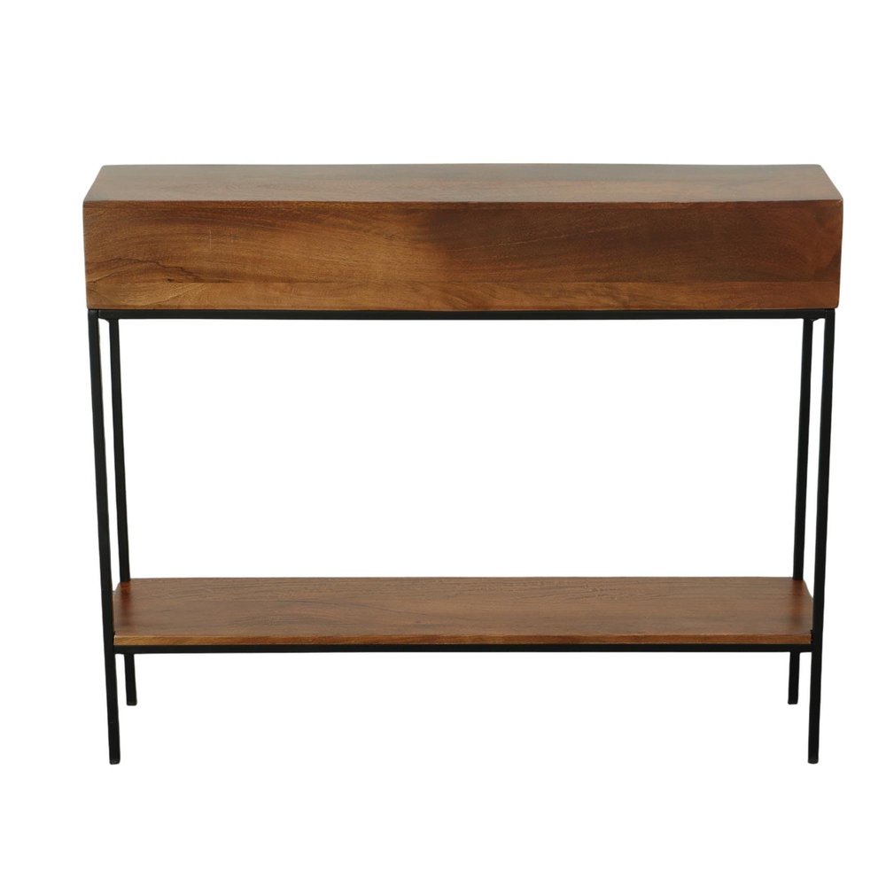 42" Chestnut and Black Solid Wood and Iron Console Table With Shelf