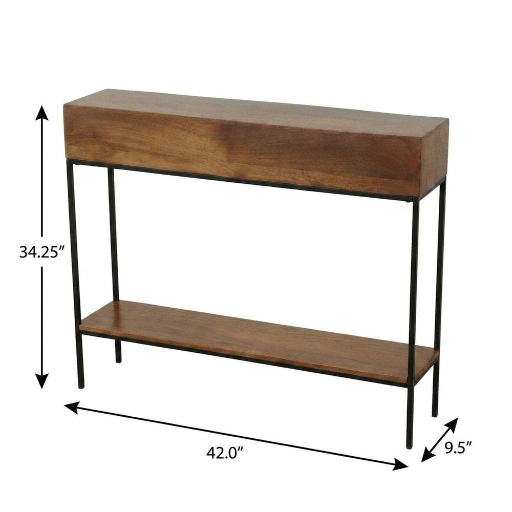 42" Chestnut and Black Solid Wood and Iron Console Table With Shelf