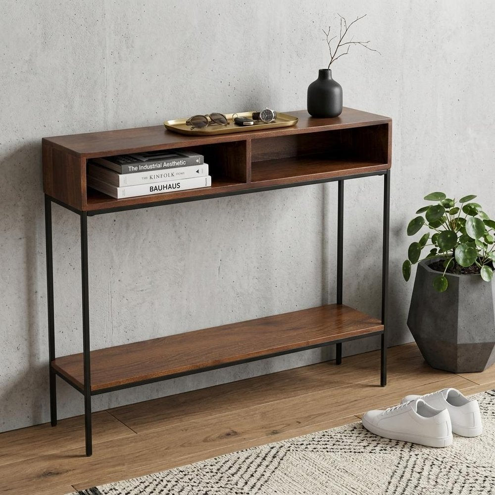 42" Chestnut and Black Solid Wood and Iron Console Table With Shelf