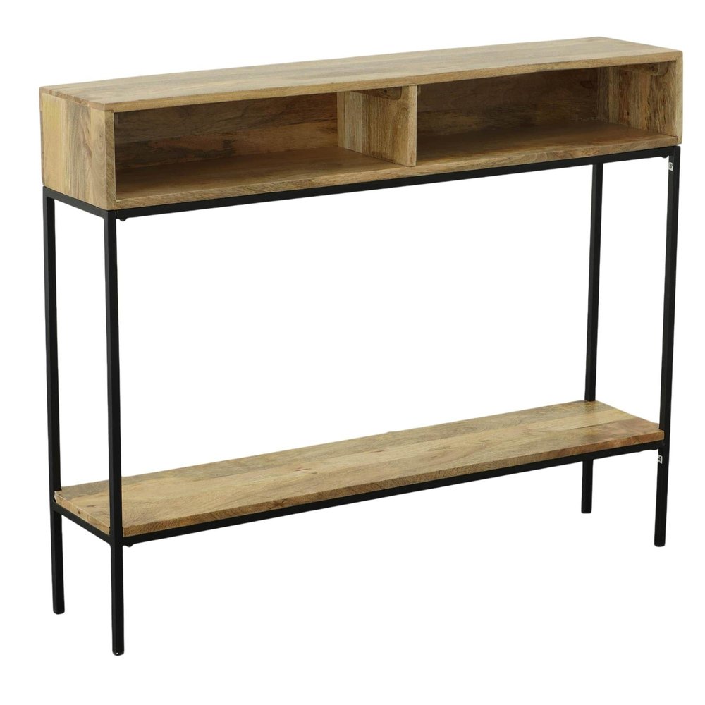 42" Natural and Black Solid Wood and Iron Console Table With Shelf