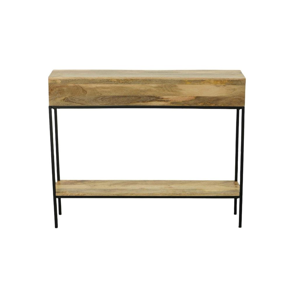 42" Natural and Black Solid Wood and Iron Console Table With Shelf