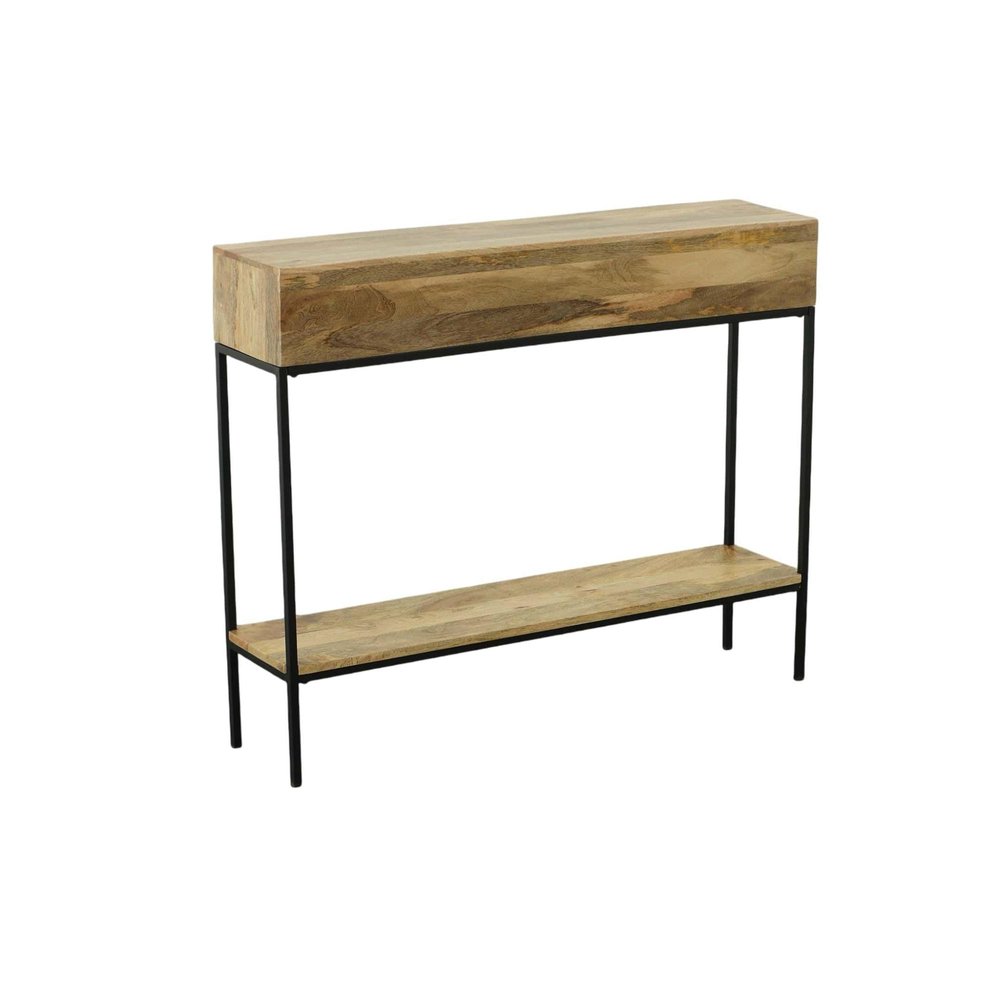 42" Natural and Black Solid Wood and Iron Console Table With Shelf
