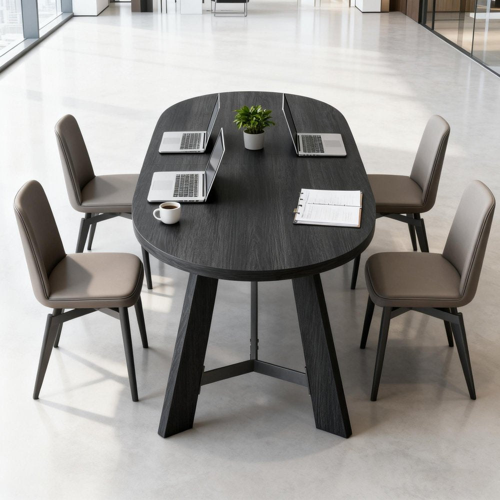 71" Brown and Black Wood Trestle Base Oval Dining Table