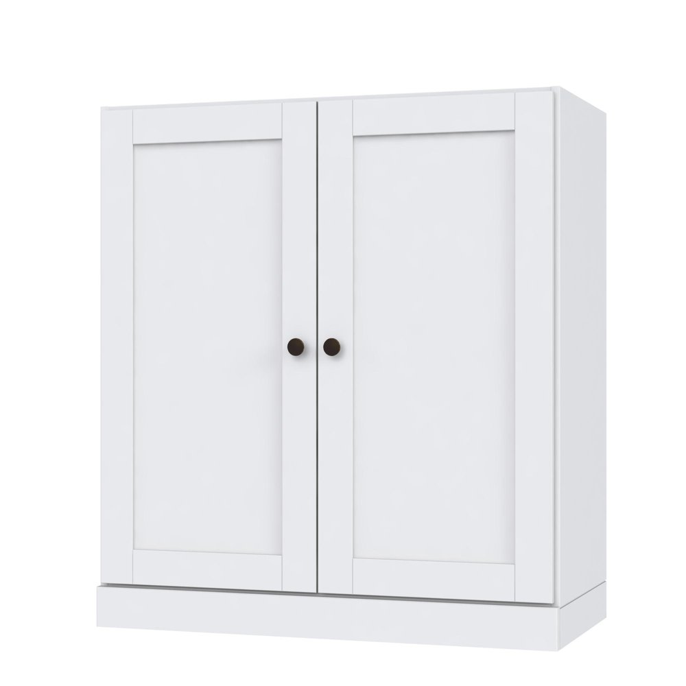 36" White Solid Wood Adjustable Three Tier Library Bookcase with Two Doors