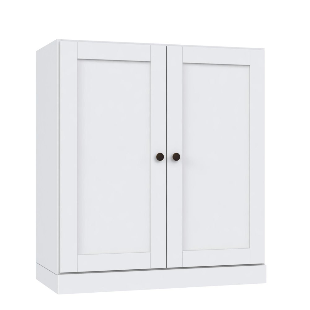36" White Solid Wood Adjustable Three Tier Library Bookcase with Two Doors