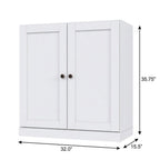 36" White Solid Wood Adjustable Three Tier Library Bookcase with Two Doors